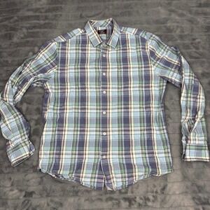 UNTUCKit Mens Large Slim Fit Plaid Button Down Shirt Blue Green Organic Cotton